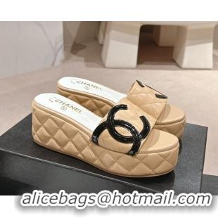 Unique Style Chanel Quilted Lambskin Platform Slide Sandals 6cm with Side CC Beige 603170