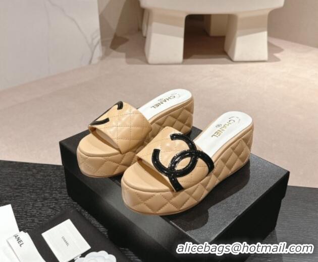 Unique Style Chanel Quilted Lambskin Platform Slide Sandals 6cm with Side CC Beige 603170