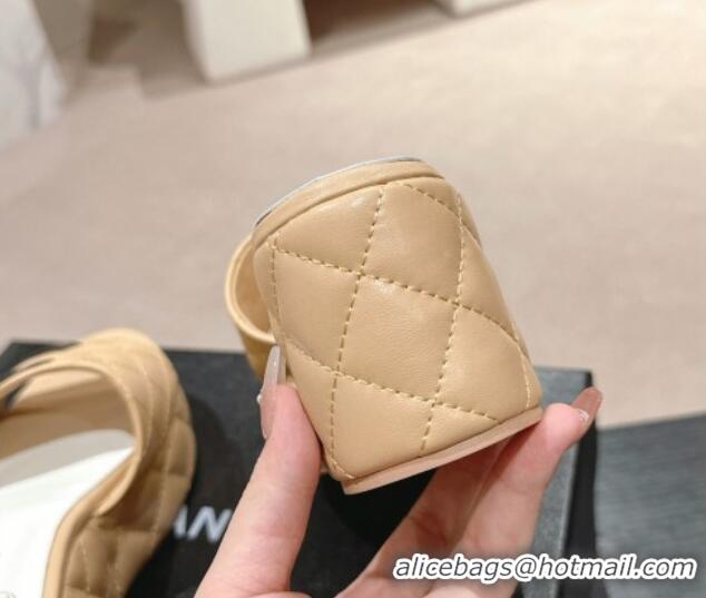 Unique Style Chanel Quilted Lambskin Platform Slide Sandals 6cm with Side CC Beige 603170