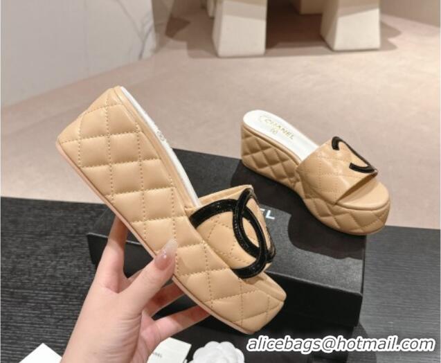 Unique Style Chanel Quilted Lambskin Platform Slide Sandals 6cm with Side CC Beige 603170