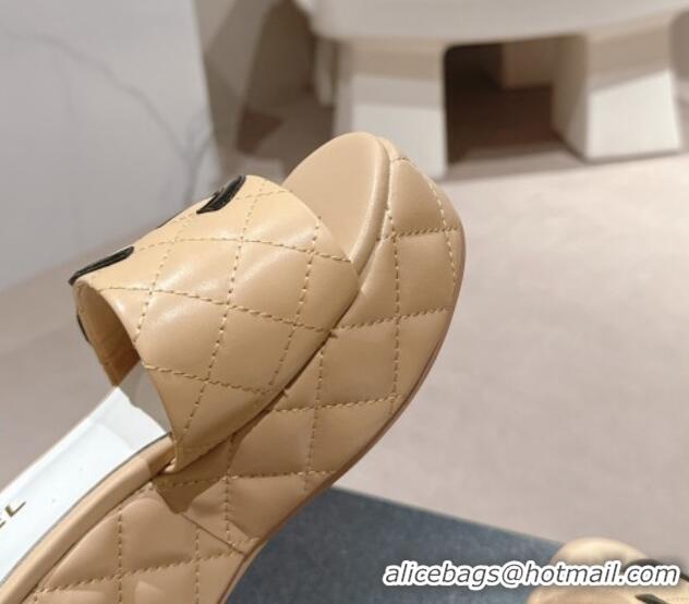 Unique Style Chanel Quilted Lambskin Platform Slide Sandals 6cm with Side CC Beige 603170