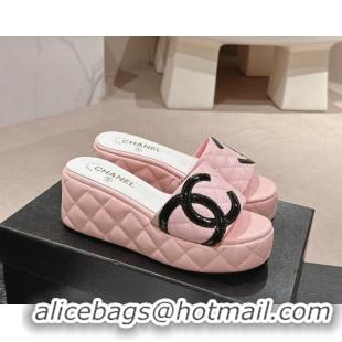 Good Product Chanel Quilted Lambskin Platform Slide Sandals 6cm with Side CC Pink 603171