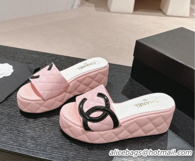 Good Product Chanel Quilted Lambskin Platform Slide Sandals 6cm with Side CC Pink 603171