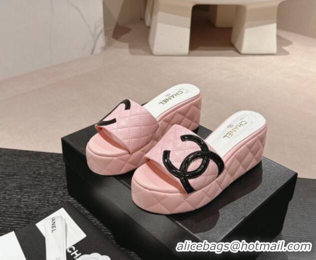 Good Product Chanel Quilted Lambskin Platform Slide Sandals 6cm with Side CC Pink 603171