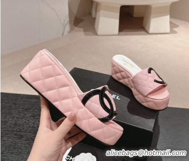 Good Product Chanel Quilted Lambskin Platform Slide Sandals 6cm with Side CC Pink 603171