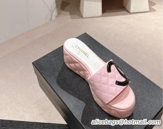 Good Product Chanel Quilted Lambskin Platform Slide Sandals 6cm with Side CC Pink 603171