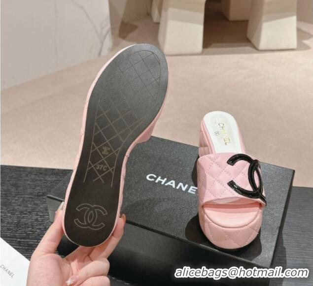 Good Product Chanel Quilted Lambskin Platform Slide Sandals 6cm with Side CC Pink 603171