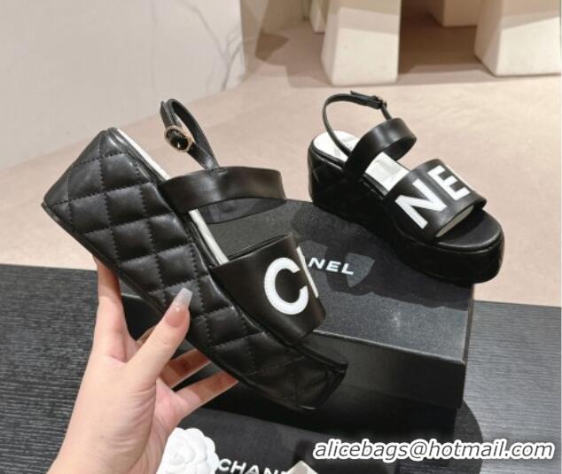 Good Quality Chanel Quilted Lambskin Platform Sandals 6cm with Signature Black 603172