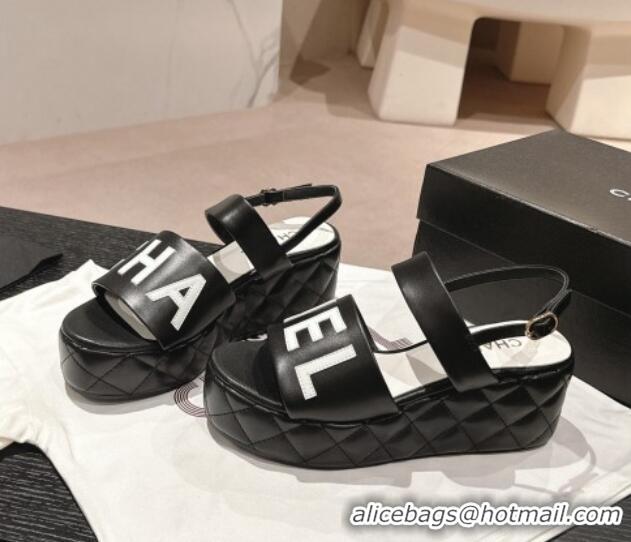 Good Quality Chanel Quilted Lambskin Platform Sandals 6cm with Signature Black 603172