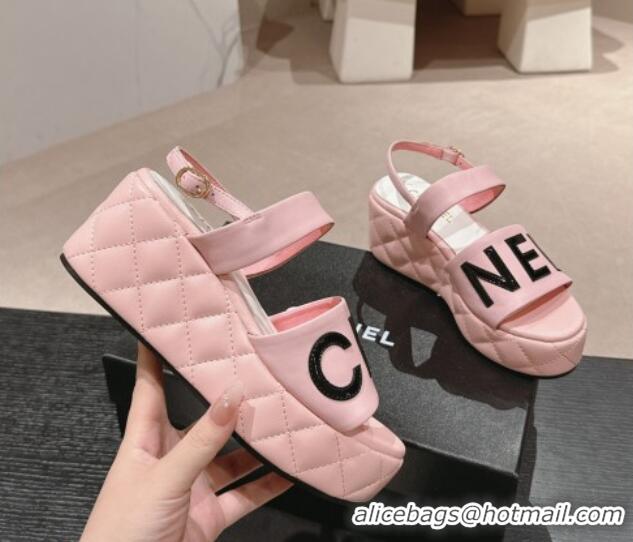 Pretty Style Chanel Quilted Lambskin Platform Sandals 6cm with Signature Pink 603173