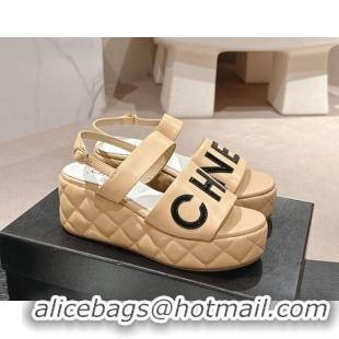 Grade Quality Chanel Quilted Lambskin Platform Sandals 6cm with Signature Beige 603174