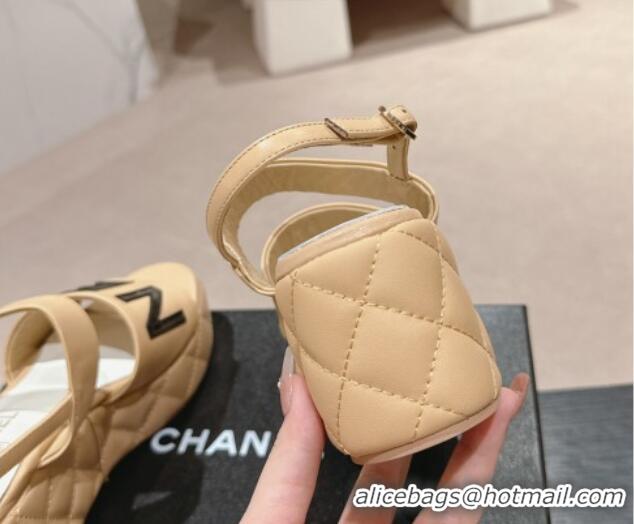 Grade Quality Chanel Quilted Lambskin Platform Sandals 6cm with Signature Beige 603174