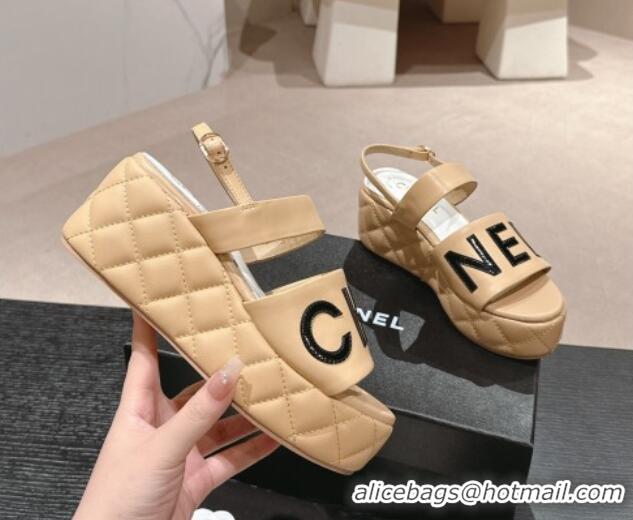 Grade Quality Chanel Quilted Lambskin Platform Sandals 6cm with Signature Beige 603174