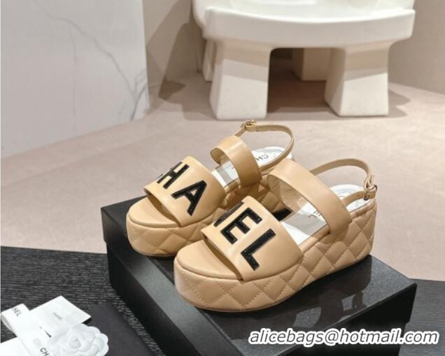 Grade Quality Chanel Quilted Lambskin Platform Sandals 6cm with Signature Beige 603174