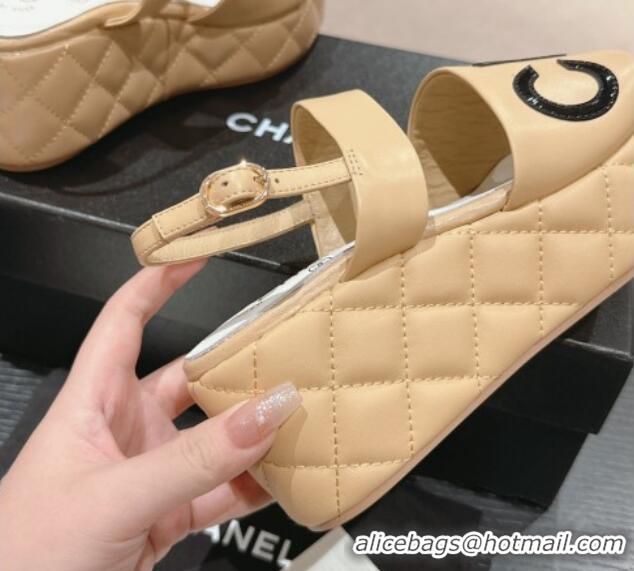 Grade Quality Chanel Quilted Lambskin Platform Sandals 6cm with Signature Beige 603174