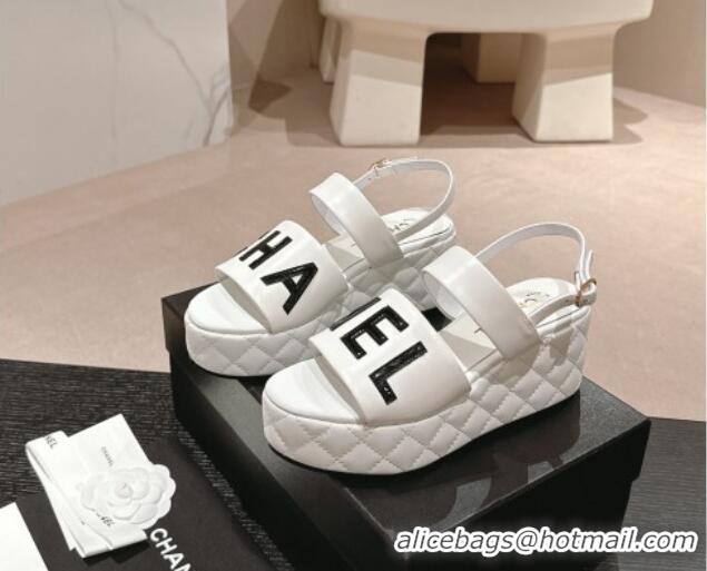 Popular Style Chanel Quilted Lambskin Platform Sandals 6cm with Signature White 603175