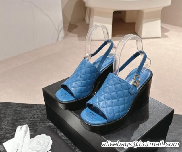 Shop Duplicate Chanel Lambskin Platform Sandals 10cm G45567 Blue 603179