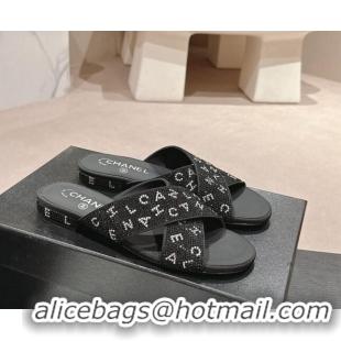 Luxury Cheap Chanel Strass Flat Slide Sandals with Letters Black 603182