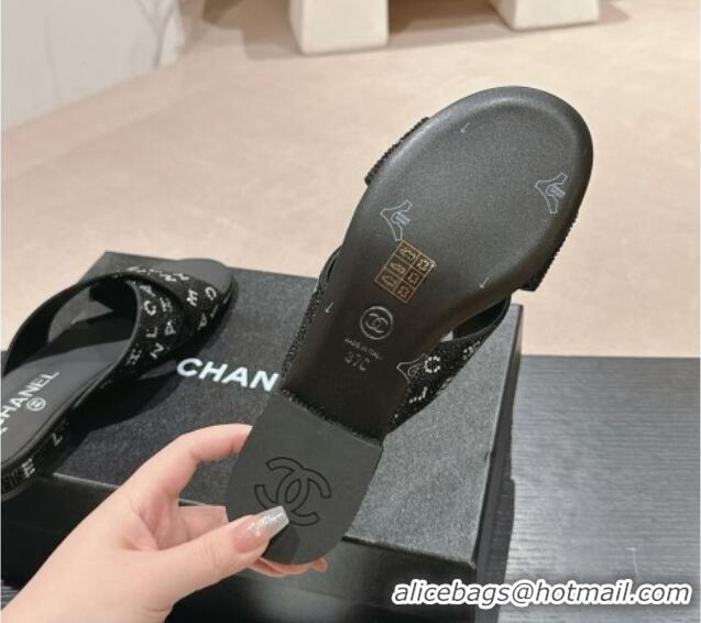 Luxury Cheap Chanel Strass Flat Slide Sandals with Letters Black 603182