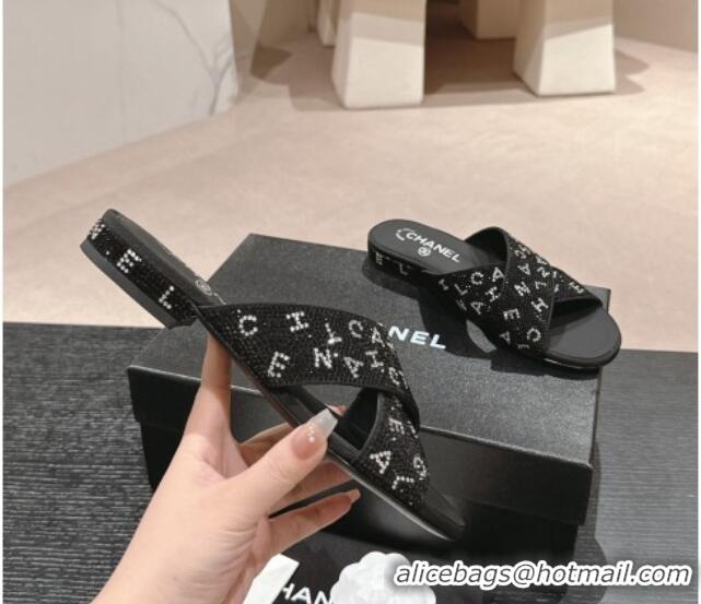 Luxury Cheap Chanel Strass Flat Slide Sandals with Letters Black 603182