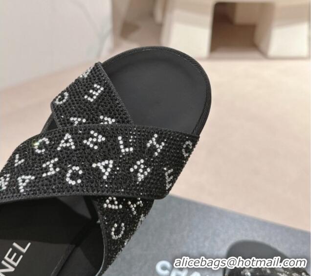 Luxury Cheap Chanel Strass Flat Slide Sandals with Letters Black 603182