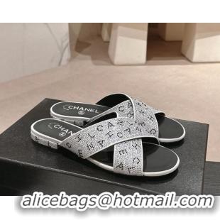 Luxury Chanel Strass Flat Slide Sandals with Letters Silver 603181