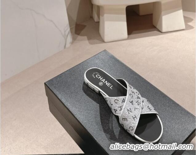 Luxury Chanel Strass Flat Slide Sandals with Letters Silver 603181