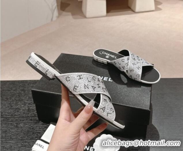 Luxury Chanel Strass Flat Slide Sandals with Letters Silver 603181