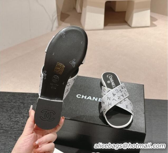 Luxury Chanel Strass Flat Slide Sandals with Letters Silver 603181