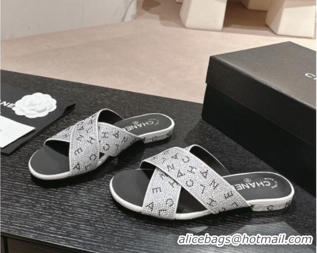 Luxury Chanel Strass Flat Slide Sandals with Letters Silver 603181