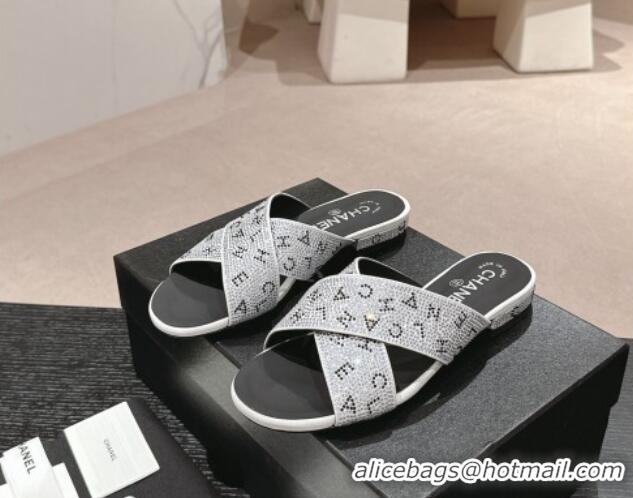 Luxury Chanel Strass Flat Slide Sandals with Letters Silver 603181