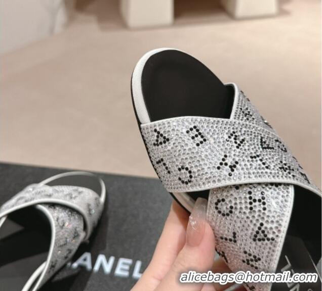 Luxury Chanel Strass Flat Slide Sandals with Letters Silver 603181