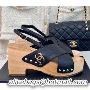 Best Price Chanel Calfskin Wood Platform Sandals Black 603183