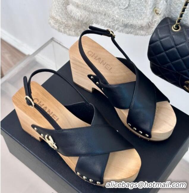 Best Price Chanel Calfskin Wood Platform Sandals Black 603183