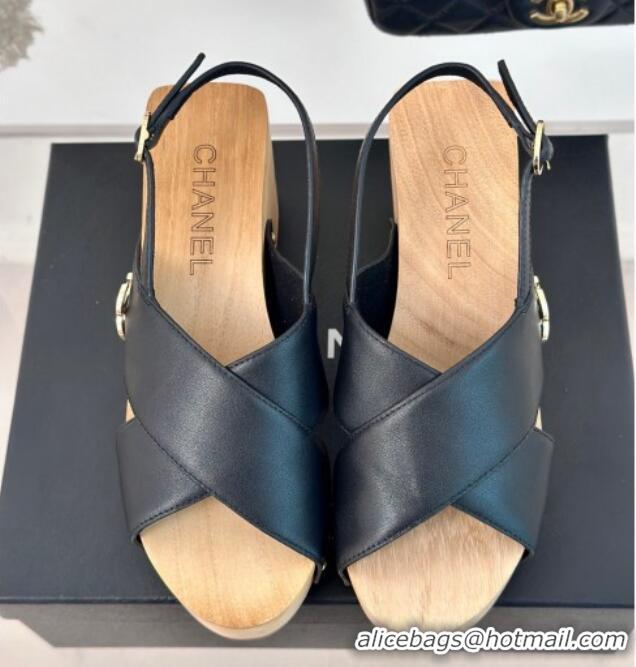 Best Price Chanel Calfskin Wood Platform Sandals Black 603183