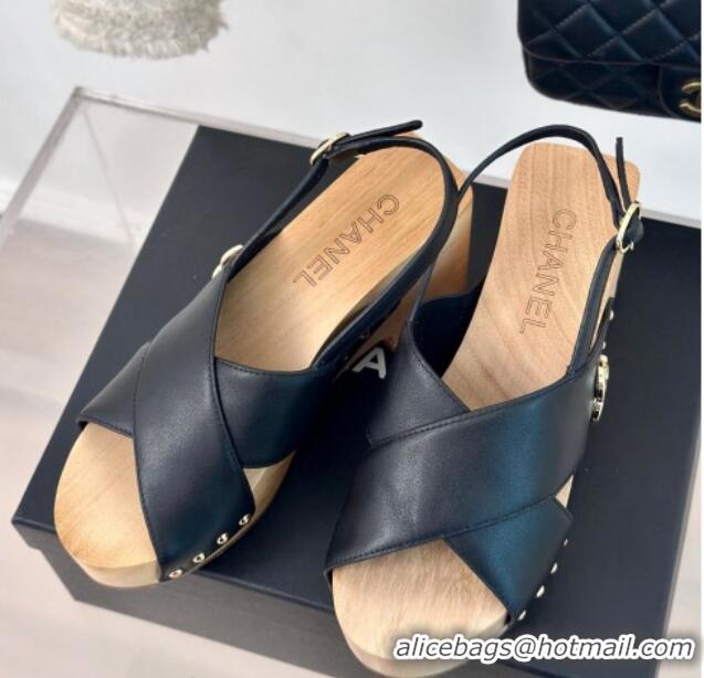 Best Price Chanel Calfskin Wood Platform Sandals Black 603183