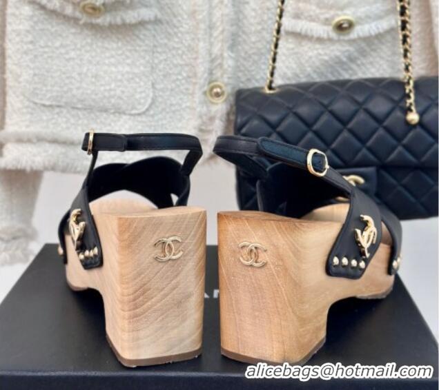 Best Price Chanel Calfskin Wood Platform Sandals Black 603183