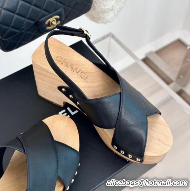 Best Price Chanel Calfskin Wood Platform Sandals Black 603183