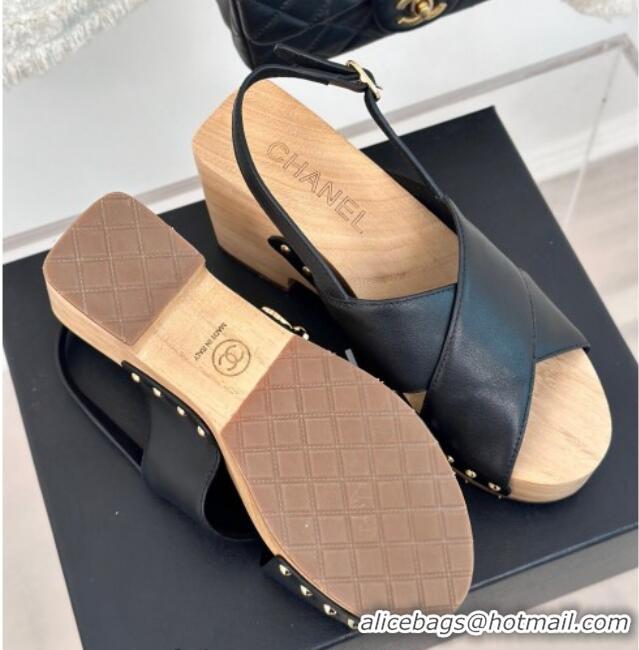 Best Price Chanel Calfskin Wood Platform Sandals Black 603183