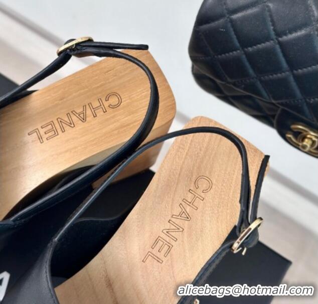 Best Price Chanel Calfskin Wood Platform Sandals Black 603183