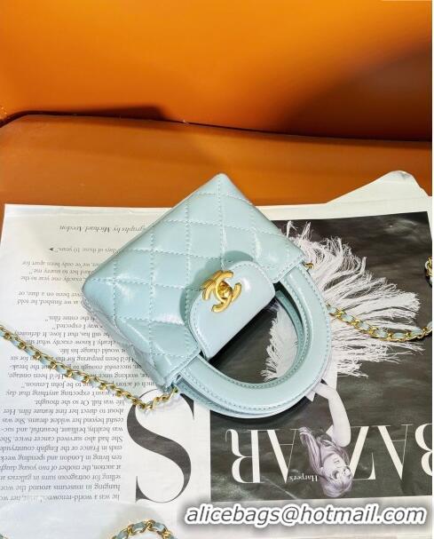 Grade Quality Chanel Shiny Calfskin Clutch with Chain AP3435 Light Blue 2024