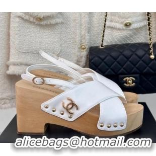 Best Grade Chanel Calfskin Wood Platform Sandals White 603184