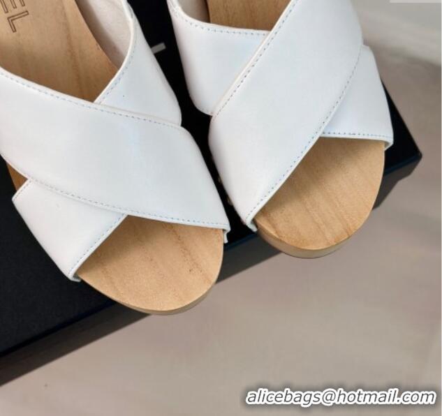 Best Grade Chanel Calfskin Wood Platform Sandals White 603184