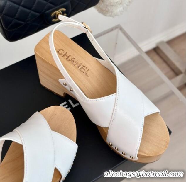 Best Grade Chanel Calfskin Wood Platform Sandals White 603184