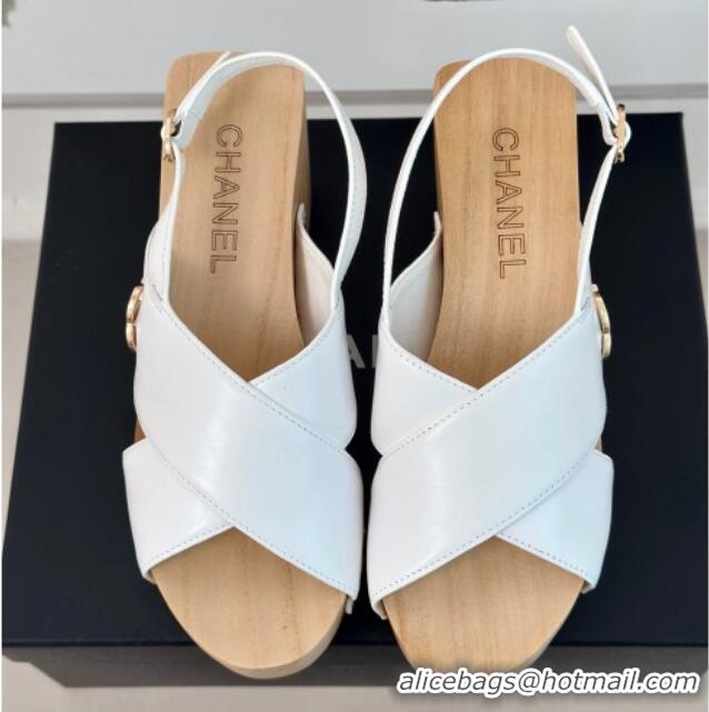 Best Grade Chanel Calfskin Wood Platform Sandals White 603184