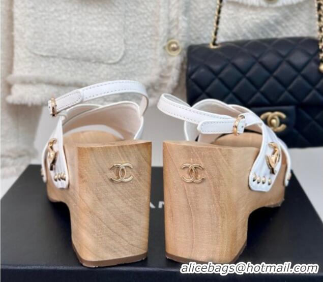 Best Grade Chanel Calfskin Wood Platform Sandals White 603184