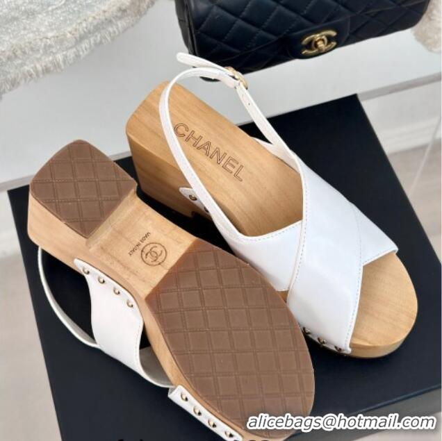 Best Grade Chanel Calfskin Wood Platform Sandals White 603184