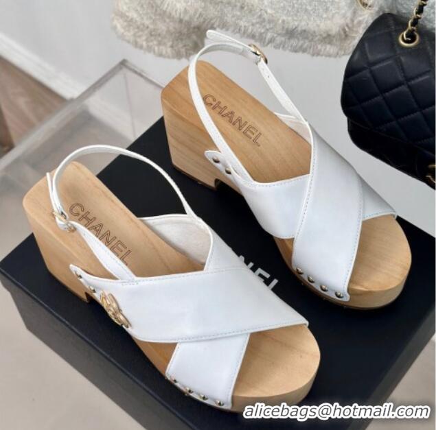 Best Grade Chanel Calfskin Wood Platform Sandals White 603184