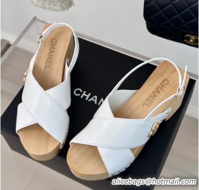 Best Grade Chanel Calfskin Wood Platform Sandals White 603184