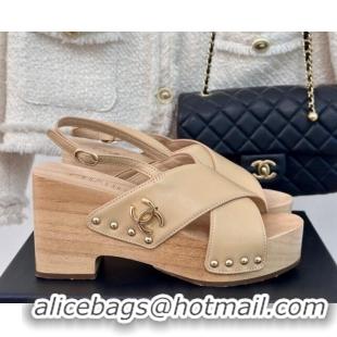 Luxury Chanel Calfskin Wood Platform Sandals Beige 603185